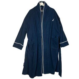 Nautica Mens Navy Blue Cotton Bathrobe With Piping Two Pockets & Adjustable Belt
